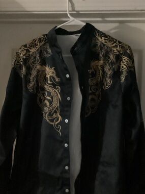 Embroidered Dragon Satin Bomber Techwear - Black/Gold